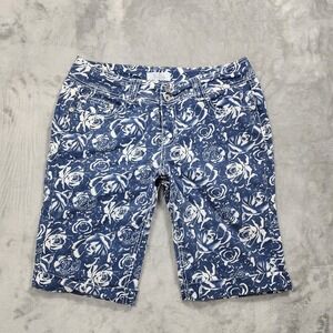 Royalty By YMI Shorts Womens 14 Blue Floral Denim Bermuda Cuffed Stretch Casual